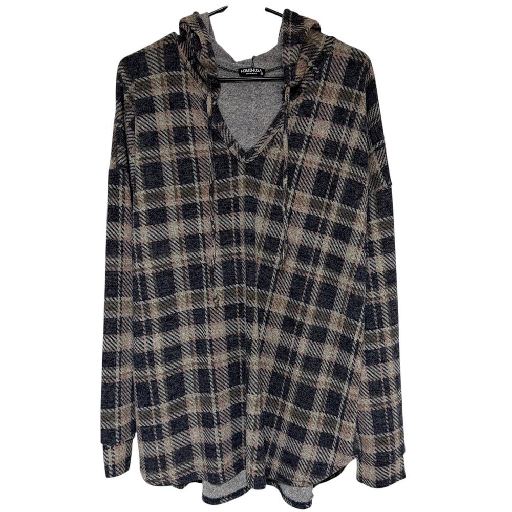HEIMISH USA Hooded Pullover Sweater Lightweight Gray Tan Plaid Size 2X